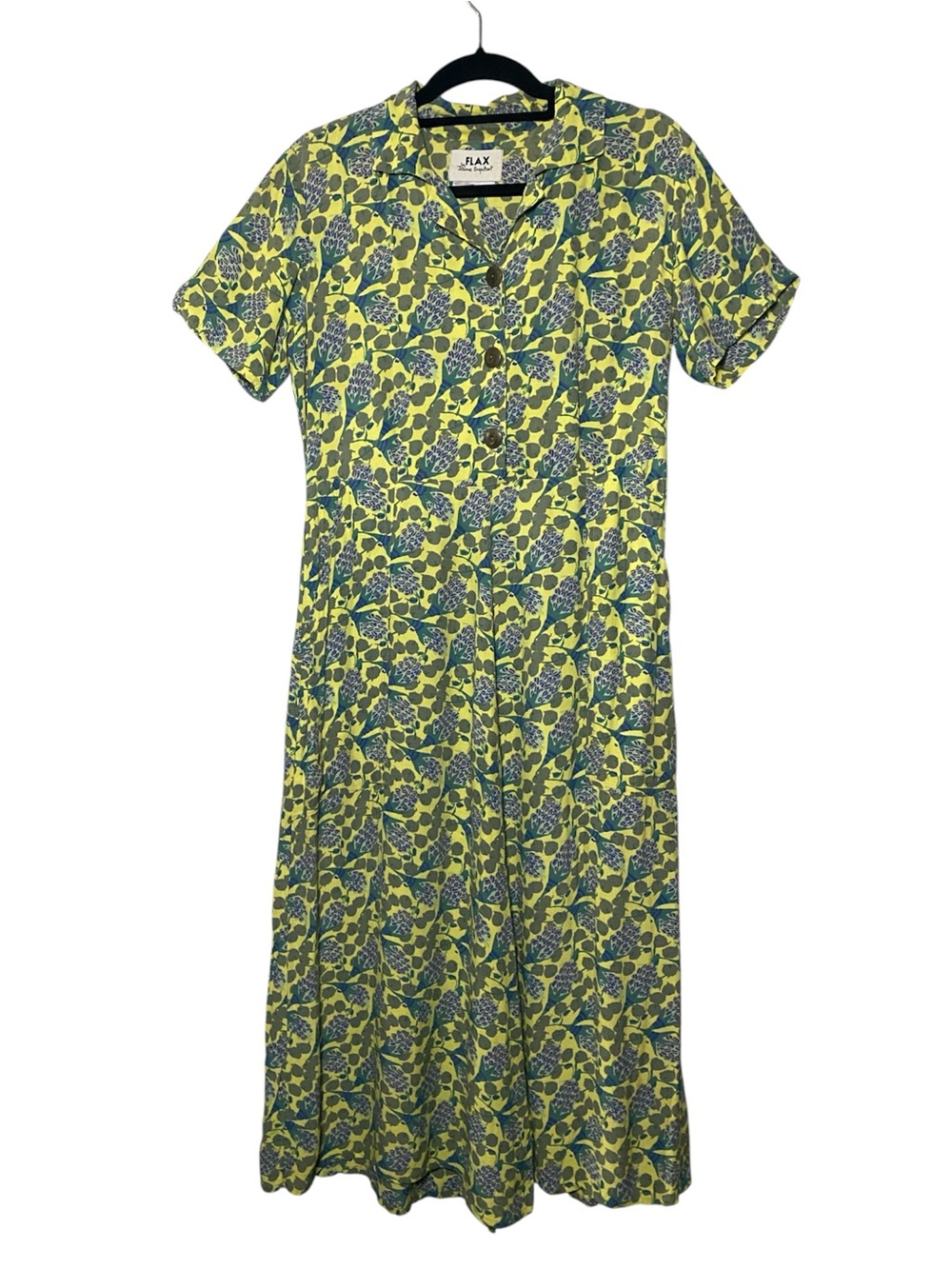 FLAX Vintage Maxi Dress Women’s Small Green Floral Rayon Button Front Pockets